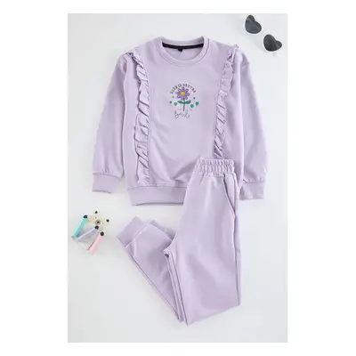 Trendyol Lilac Girls Floral Pajama Set Knitted Top-Bottom Set