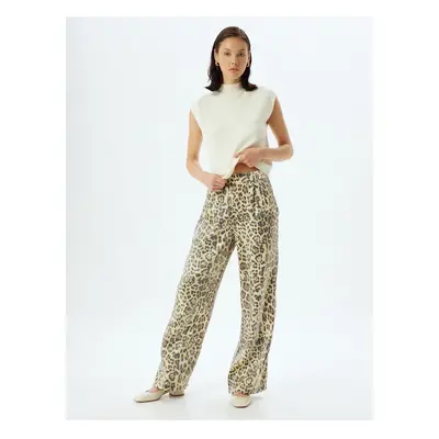 Koton Leopard Trousers High Waist Wide Leg Viscose Fabric