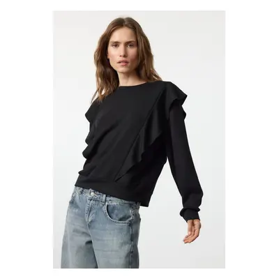 Trendyol Black Ruffle Detailed Relaxed Knitted Sweatshirt