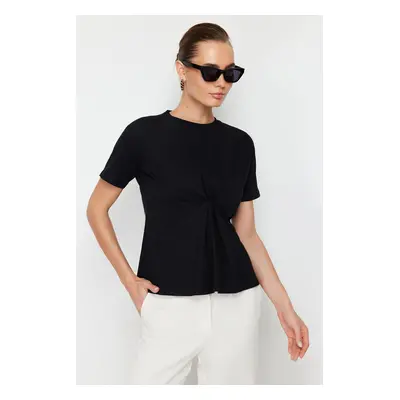 Trendyol Black Front Pleat Detail Regular/Regular Fit Crew Neck Knitted Blouse