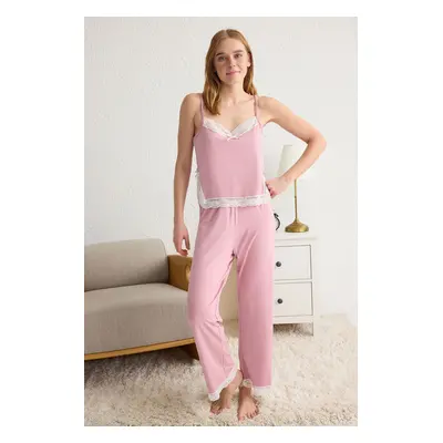 Trendyol Pink Plain Lace Viscose Jersey Knitted Pajama Set