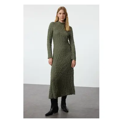 Trendyol Khaki Plain Textured High Collar A-Line Flexible Maxi Knitted Dress