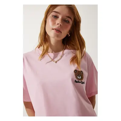 Happiness İstanbul Women's Light Pink Teddy Bear Crest Crop Knitted T-Shirt