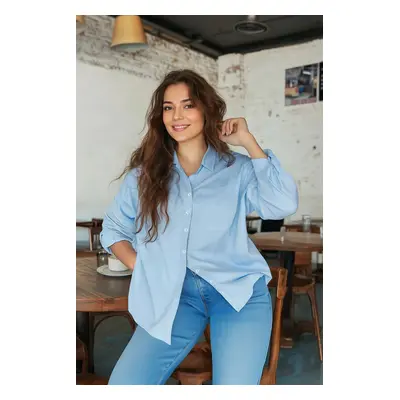 Trendyol Curve Blue Boyfriend Woven Shirt