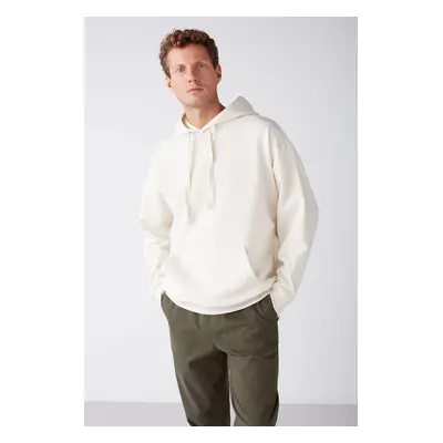 GRIMELANGE Steve Men's Soft Light Fabric Corded Oversize Hooded Kangaroo Pocket Ecru Sweatshirt