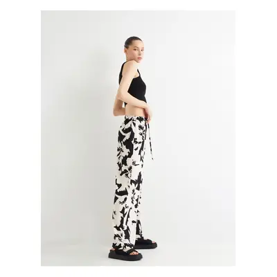 Koton Floral Wide Leg Trousers Tie Waist Viscose Fabric