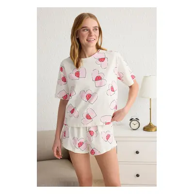 Trendyol Ecru Heart Jersey Knitted Pajama Set