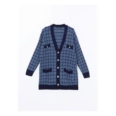 LC Waikiki Classic Black Jacquard V Neck Plaid Women's Knitwear Cardigan