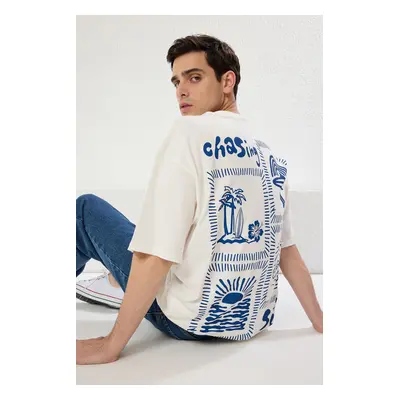 Trendyol Ecru Oversize/Wide Cut Printed 100% Cotton T-Shirt