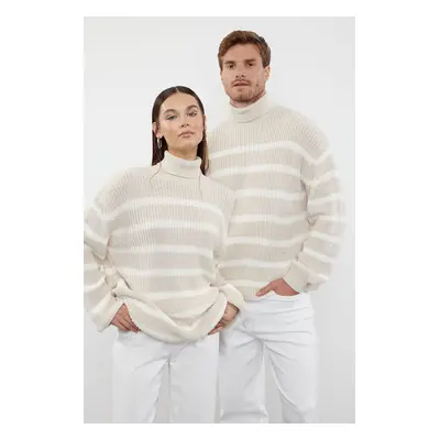 Trendyol Beige Casual Oversize Turtleneck Striped Knitwear Sweater