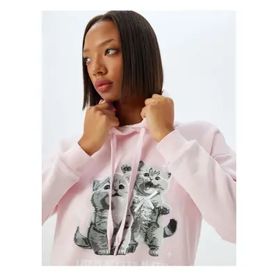 Koton Cat Printed Sweatshirt Hooded Raised Comfortable Fit