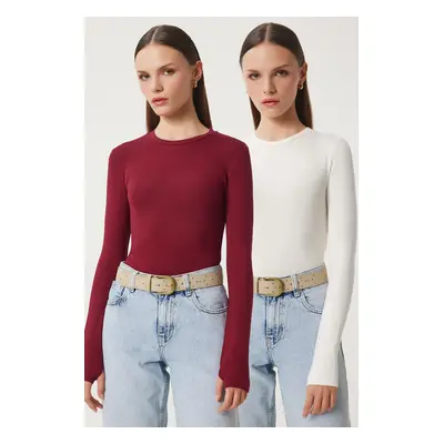 Happiness İstanbul Women's Ecru Claret Red 2-Piece Package Crew Neck Finger-Slotted Basic Knitte