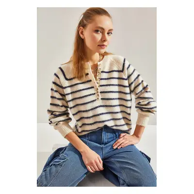 Bianco Lucci Women's Charmed Striped Button Knitwear Sweater