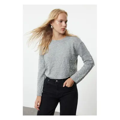 Trendyol Light Grey Soft Texture Crop Stone Embroidered Knitwear Sweater