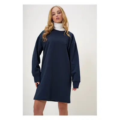 Trend Alaçatı Stili Women's Navy Blue Crew Neck Sweatshirt Dress