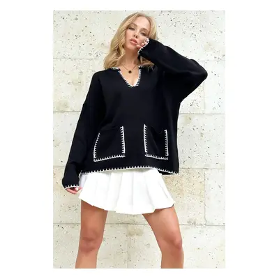 Trend Alaçatı Stili Women's Black V Neck Embroidery Detailed Double Pocket Knitwear Sweater