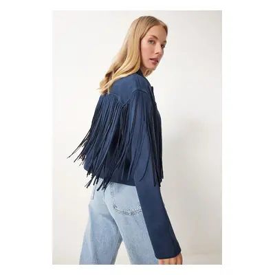 Happiness İstanbul Women's Navy Blue Shirt Collar Tassel Suede Jacket