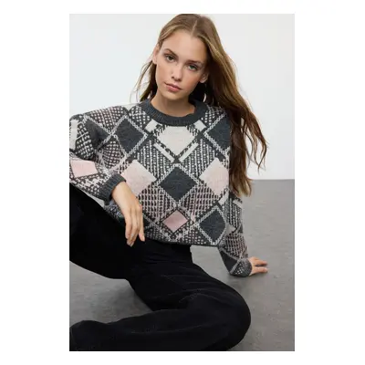 Trendyol Anthracite Wide Cut Crop Soft Textured Patterned Knitwear Sweater