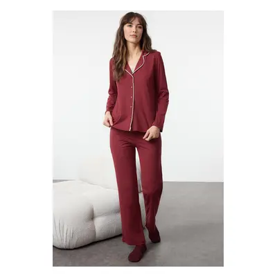 Trendyol Burgundy Piping Detailed Knitted Pajama Set