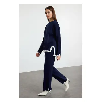 Trendyol Navy Blue Wide Cut Contrast Color Knitwear Bottom-Top Set