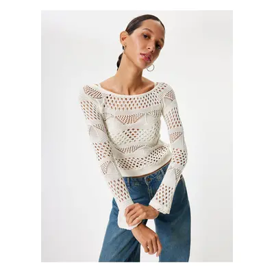 Koton Crochet T-Shirt Long Sleeve Boat Neck Viscose Blend