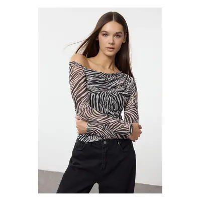 Trendyol Black Animal Patterned Tulle Lined Asymmetric Collar Knitted Blouse