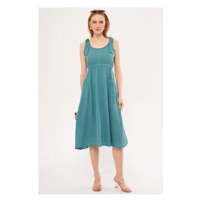 armonika Women's Turquoise Dekatria Dress with Elastic Waist and Straps and Pockets Linen Look M