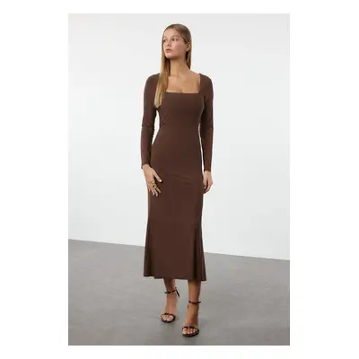 Trendyol Brown Maxi Flounce Square Neck Body-Smoothing Flexible Knit Dress