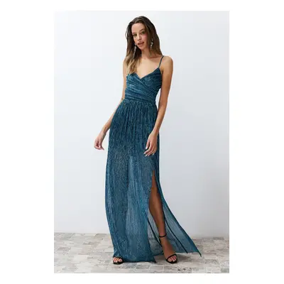 Trendyol Oil A-Cut Glittering Knitted Long Evening Dress