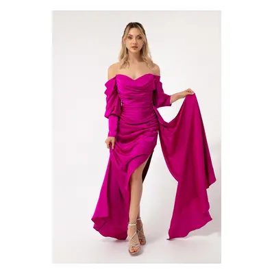 Lafaba Women's Purple Boat Neck Draped Satin Evening Dress