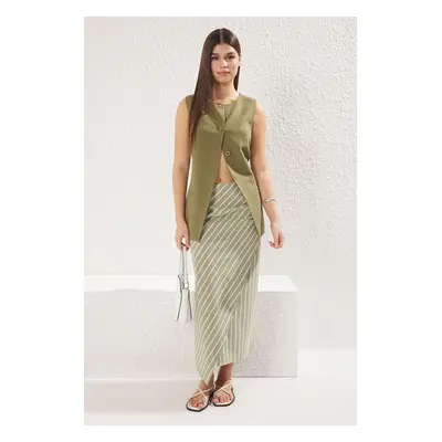 Trendyol Khaki Linen Look Fabric Striped Gathered Detail Midi Length Woven Skirt