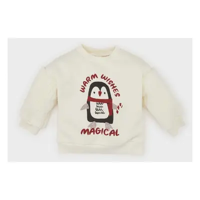 DEFACTO Baby Girl Crew Neck Christmas Themed Soft Furry Sweatshirt