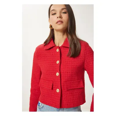 Happiness İstanbul Women's Red Gold Buttoned Tweed Woven Jacket