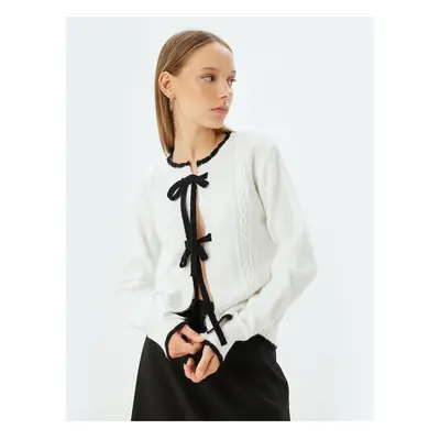 Koton Knitwear Textured Cardigan with Bow Tie Detail