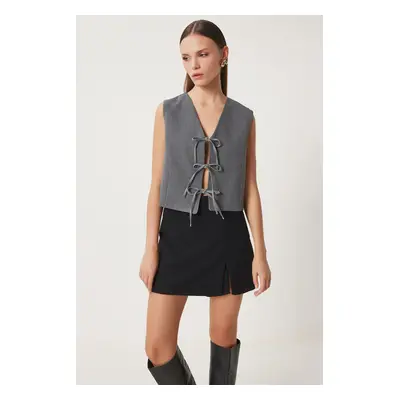 Happiness İstanbul Women's Anthracite Bow Tie Woven Vest