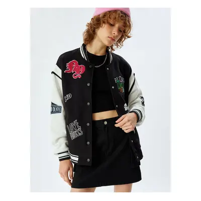 Koton Oversize College Jacket Bomber Collar Embroidered Snap Button Color Block Pocket