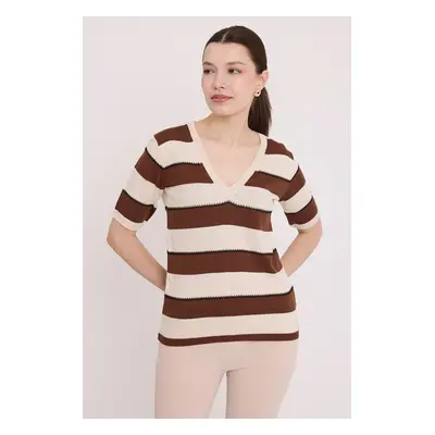 Bigdart Women's Brown Cream Striped Short Sleeve Blouse