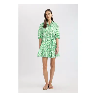 DEFACTO Shirt Collar Patterned Long Sleeve Poplin Mini Dress