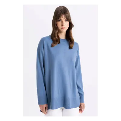 DEFACTO Regular Fit Crew Neck Side Slit Basic Plain Knitwear Sweater Tunic