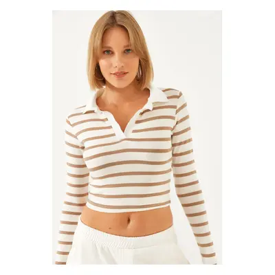 Bianco Lucci Women's Polo Collar Striped Blouse