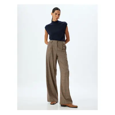 Koton High Waist Pleated Detailed Plaid Palazzo Trousers with Pockets