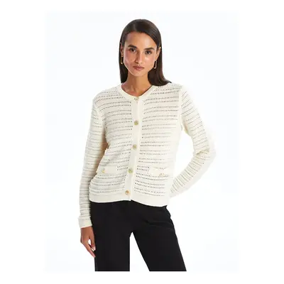 LC Waikiki Lcw Modest Ecru Crew Neck Openwork Long Sleeve Women's Knitwear Cardigan