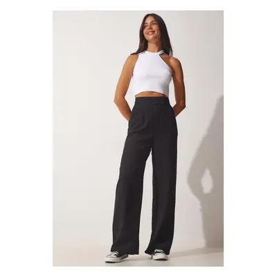 Happiness İstanbul Women's Black Velcro Closure Loose Linen Trousers