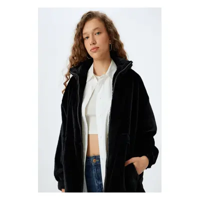 Koton Faux Fur Zippered Pocket Detailed Lined Long Jacket