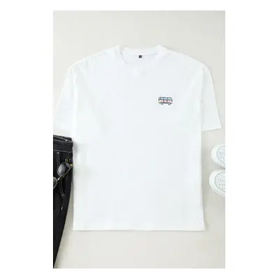 Trendyol White Oversize/Wide Cut Car Embroidered 100% Cotton T-Shirt