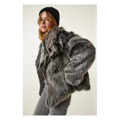 Happiness İstanbul Gray Premium Wide Collar Faux Fur Jacket