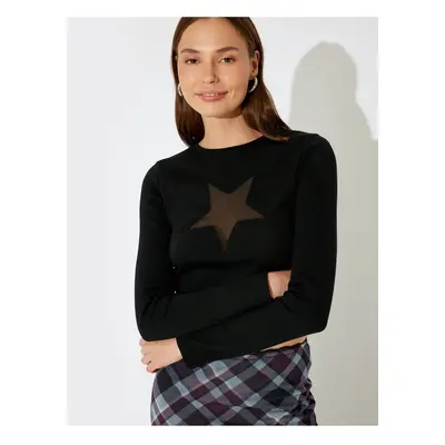 Koton X Inji - Ribbed Transparent Star Motif Long Sleeve Crew Neck T-Shirt