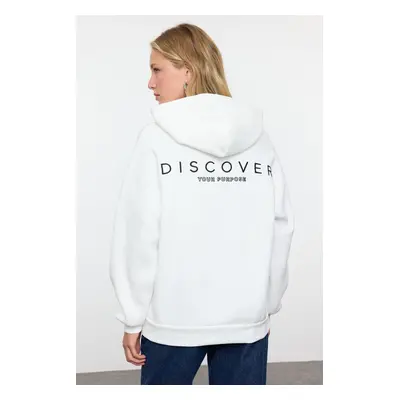 Trendyol Ecru Hooded Back Printed Oversize/Wide Fit Thick Inside Fleece Knitted Sweatshirt