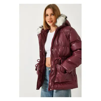 Bianco Lucci Women's Furry Hooded Puffer Leather Coat