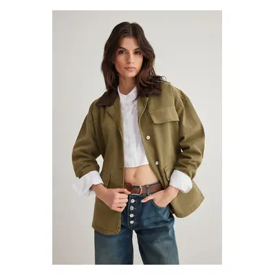 Trendyol Khaki Contrast Oversize with Ribbed Collar and Pocket Flap Detail Denim Shirt Jacket